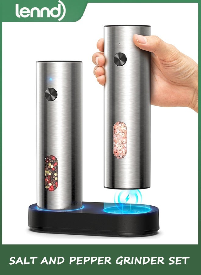 لينند [سعة أكبر مطورة] مجموعة مطحنة الملح والفلفل الكهربائية مع قاعدة شحن USB، سعة كبيرة 95 مل، خشونة قابلة للتعديل، مطحنة فلفل أوتوماتيكية من الفولاذ المقاوم للصدأ (سعة مطورة-أ) - Image 1